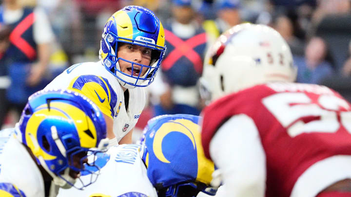 Los Angeles Rams quarterback Matthew Stafford (9) against the Arizona Cardinals in the first half at State Farm Stadium on Dec 7, 2025, in Glendale, Ariz. Los Angeles Rams quarterback Matthew Stafford (9) against the Arizona Cardinals in the first half at State Farm Stadium on Dec 7, 2025, in Glendale, Ariz.