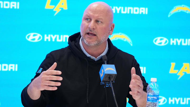 Apr 17, 2025; El Segundo, CA, USA; Los Angeles Chargers general manager Joe Hortiz at press conference at The Bolt. Mandatory Credit: Kirby Lee-Imagn Images