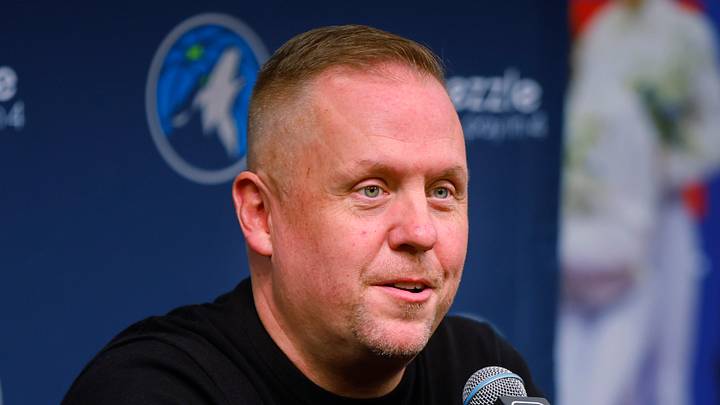 Sep 29, 2025; Minneapolis, MN, USA; Minnesota Timberwolves president of basketball operations Tim Connelly speaks to the media during media day at Target Center. Mandatory Credit: Bruce Kluckhohn-Imagn Images