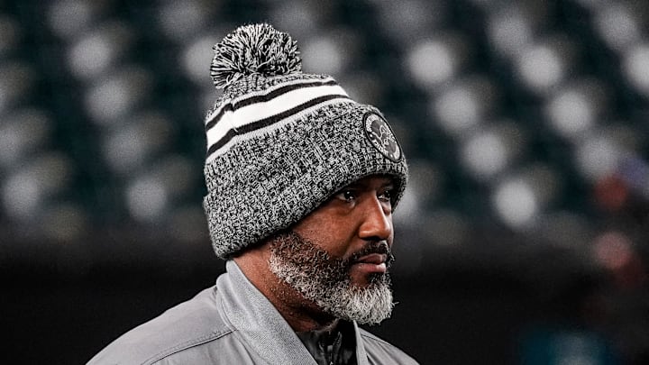 Detroit Lions general manager Brad Holmes watches warmups ahead of the Philadelphia Eagles game 