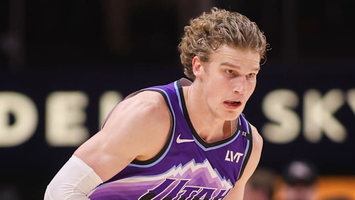 Feb 5, 2026; Atlanta, Georgia, USA; Utah Jazz forward Lauri Markkanen (23) dribbles against the Atlanta Hawks in the third quarter at State Farm Arena. Mandatory Credit: Brett Davis-Imagn Images
