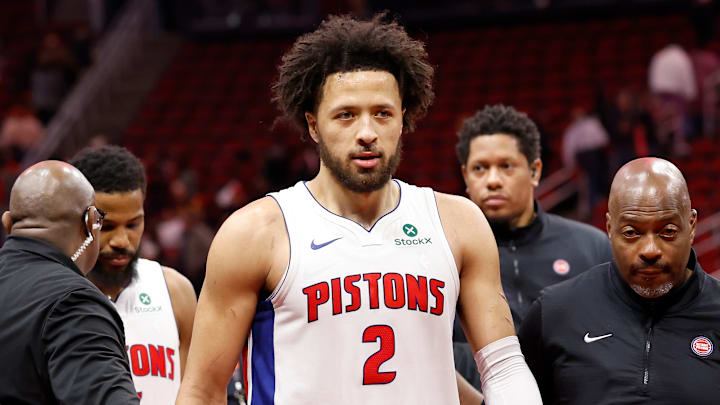 Cade Cunningham #2 of the Detroit Pistons leaves the court after facing the Houston Rockets.