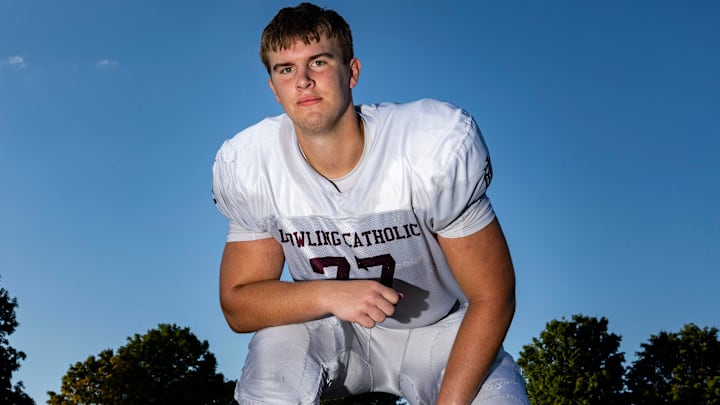 Dowling Catholic offensive lineman Carter Barrett poses for a portrait on Aug. 26, 2025, at Dowling Catholic High School in West Des Moines, Iowa.