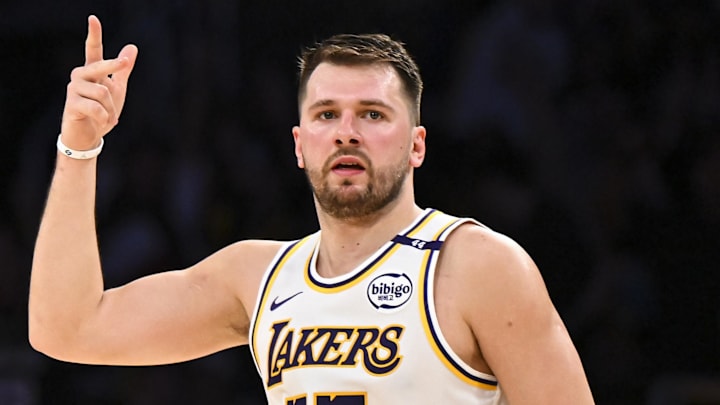 Mar 22, 2025; Los Angeles, California, USA; Los Angeles Lakers guard Luka Doncic (77) reacts after scoring against Chicago Bulls during the first half at Crypto.com Arena. Mandatory Credit: Jonathan Hui-Imagn Images Mar 22, 2025; Los Angeles, California, USA; Los Angeles Lakers guard Luka Doncic (77) reacts after scoring against Chicago Bulls during the first half at Crypto.com Arena. Mandatory Credit: Jonathan Hui-Imagn Images