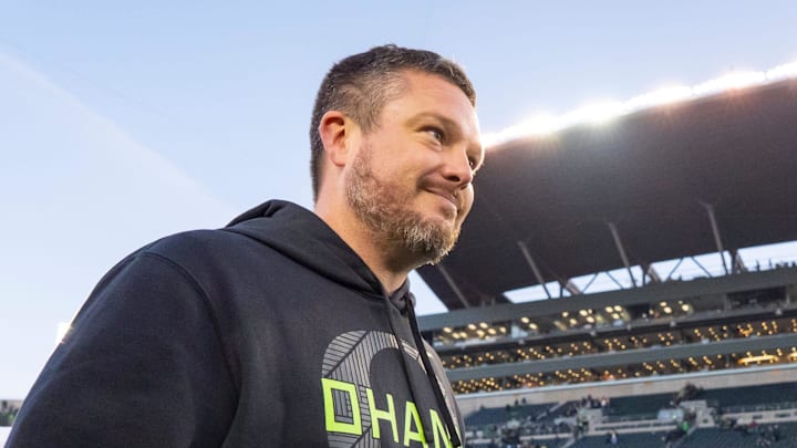 Oregon head coach Dan Lanning walks off after his win as the Oregon Ducks host the USC Trojans on Nov. 22, 2025, at Autzen Stadium in Eugene, Oregon.