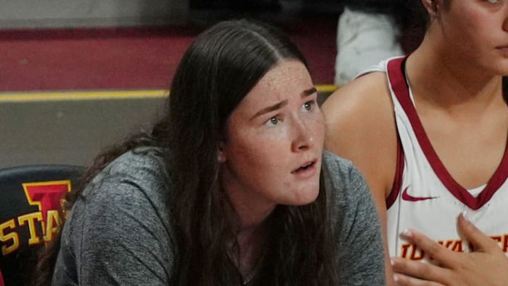Iowa State Cyclones' forward Addy Brown (24) takes a note from the bench during Iowa State and Cincinnati in the Big-12 women’s basketball on Jan. 21, 2026, at Hilton Coliseum in Ames, Iowa.