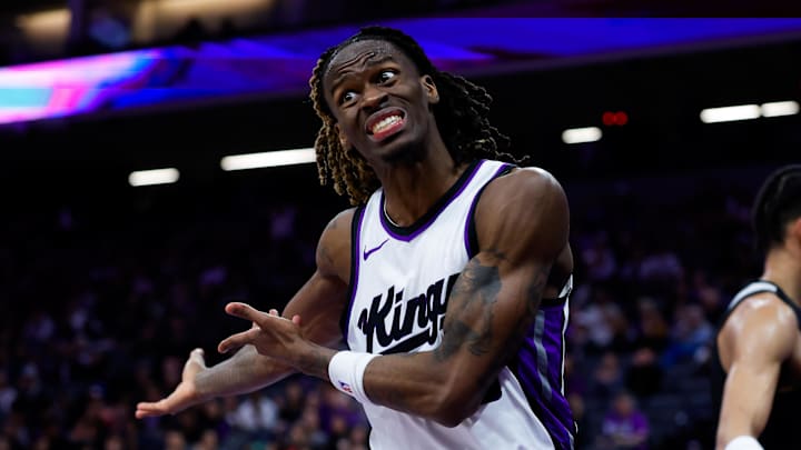 Mar 27, 2025; Sacramento, California, USA; Sacramento Kings guard Keon Ellis (23) reacts to a call during the fourth quarter against the Portland Trail Blazers at Golden 1 Center. Mandatory Credit: Sergio Estrada-Imagn Images