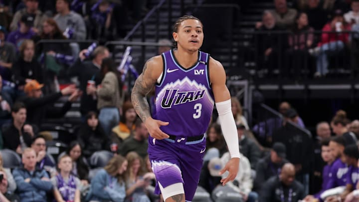 Jan 24, 2026; Salt Lake City, Utah, USA;  Utah Jazz guard Keyonte George (3) dribbles the ball up the court during the second half against the Miami Heat at Delta Center. Mandatory Credit: Chris Nicoll-Imagn Images