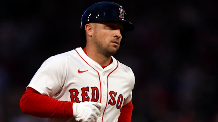 May 7, 2025; Boston, Massachusetts, USA; Boston Red Sox third baseman Alex Bregman (2) runs the bases after hitting a solo home run against the Texas Rangers during the fourth inning at Fenway Park. Mandatory Credit: Brian Fluharty-Imagn Images