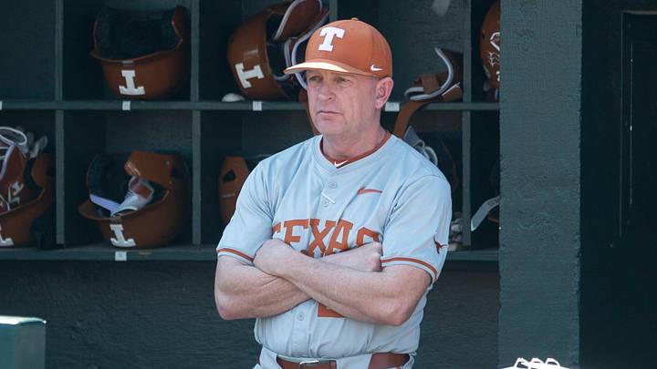 Texas Longhorns head coach Jim Schlossnagle watches as Auburn takes on Texas. Texas Longhorns head coach Jim Schlossnagle watches as Auburn takes on Texas.