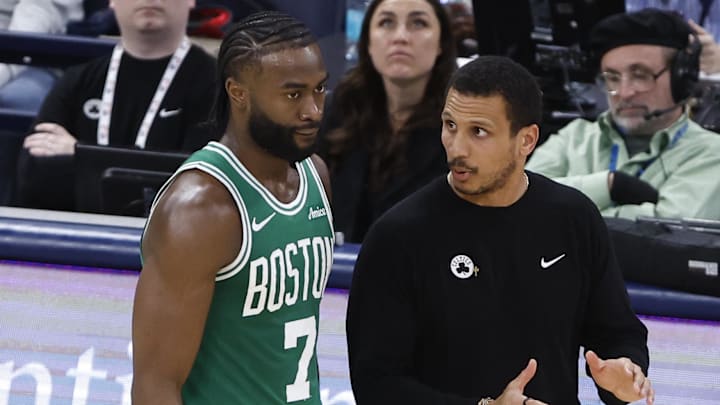 Jan 5, 2025; Oklahoma City, Oklahoma, USA; Boston Celtics head coach Joe Mazzulla talks to guard Jaylen Brown (7) on a break in play against the Oklahoma City Thunder during the third quarter at Paycom Center. Mandatory Credit: Alonzo Adams-Imagn Images