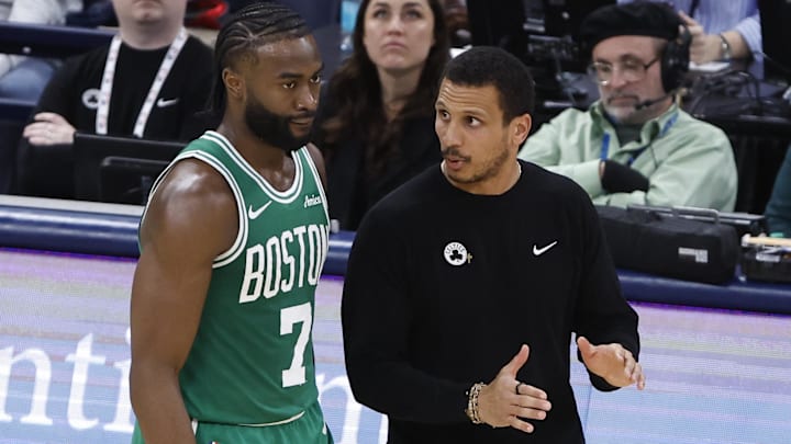 Jan 5, 2025; Oklahoma City, Oklahoma, USA; Boston Celtics head coach Joe Mazzulla talks to guard Jaylen Brown (7) on a break in play against the Oklahoma City Thunder during the third quarter at Paycom Center. Mandatory Credit: Alonzo Adams-Imagn Images