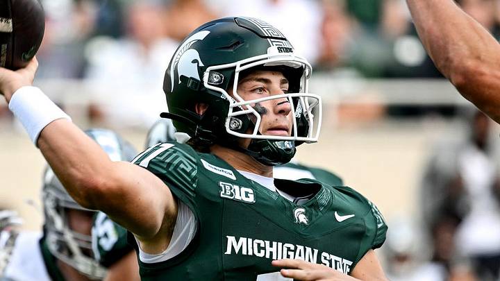 Michigan State’s Alessio Milivojevic throws a pass against Eastern Michigan during the second quarter on Saturday, Sept. 12, 2026, at Spartan Stadium in East Lansing. Michigan State’s Alessio Milivojevic throws a pass against Eastern Michigan during the second quarter on Saturday, Sept. 12, 2026, at Spartan Stadium in East Lansing.