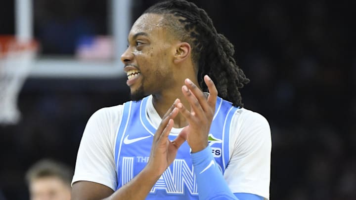 Dec 5, 2024; Cleveland, Ohio, USA; Cleveland Cavaliers guard Darius Garland (10) celebrates in the second quarter against the Denver Nuggets at Rocket Mortgage FieldHouse. Mandatory Credit: David Richard-Imagn Images