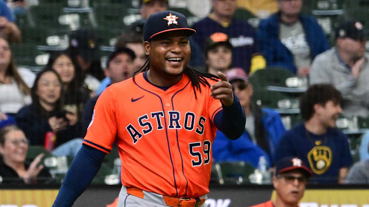 May 7, 2025; Milwaukee, Wisconsin, USA;  Houston Astros starting pitcher Framber Valdez (59) reacts after throwing out Milwaukee Brewers third baseman Vinny Capra (not pictured) in the seventh inning at American Family Field. 