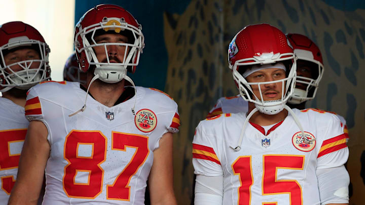 Kansas City Chiefs quarterback Patrick Mahomes (15) looks on next to tight end Travis Kelce (87) before a preseason NFL football game Saturday, Aug. 10, 2024 at EverBank Stadium in Jacksonville, Fla. The Jacksonville Jaguars defeated the Kansas City Chiefs 26-13. [Corey Perrine/Florida Times-Union]