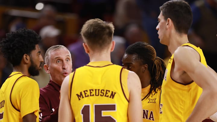Jan 10, 2026; Tempe, Arizona, USA; Arizona State Sun Devils head coach Bobby Hurley in the huddle with his players against the Kansas State Wildcats in the first half at Desert Financial Arena. Mandatory Credit: Mark J. Rebilas-Imagn Images