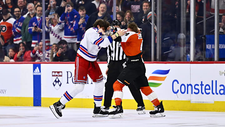 Feb 24, 2024; Philadelphia, Pennsylvania, USA; Philadelphia Flyers left wing Nicolas Deslauriers