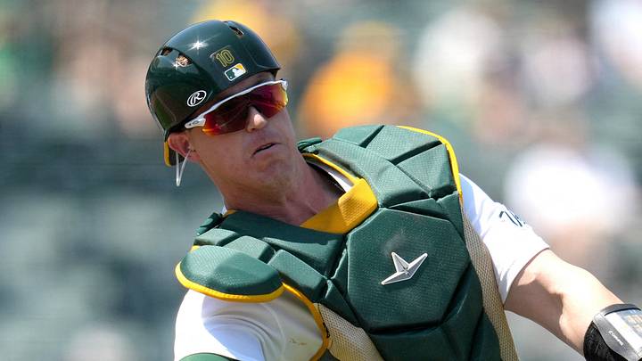 Aug 12, 2026; West Sacramento, California, USA; Athletics catcher Brian Serven (10) throws the ball to first to record an out against the Tampa Bay Rays in the seventh inning at Sutter Health Park. Mandatory Credit: Cary Edmondson-Imagn Images