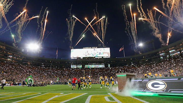 Fireworks are fired off as the Green Bay Packers get ready for a primetime game.