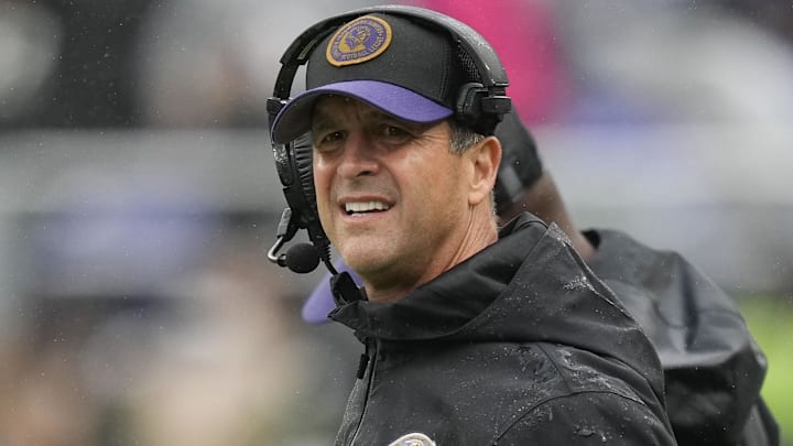 Sep 24, 2023; Baltimore, Maryland, USA; Baltimore Ravens head coach John Harbaugh stands on the sidelines in the first quarter of a game against the Indianapolis Colts at M&T Bank Stadium. Mandatory Credit: Brent Skeen-Imagn Images