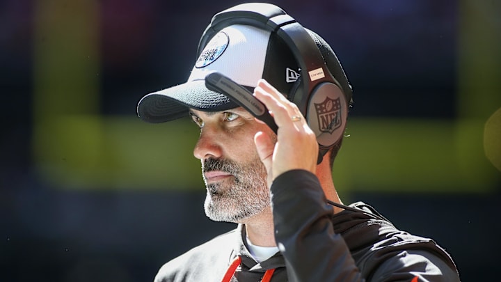 Oct 2, 2022; Atlanta, Georgia, USA; Cleveland Browns head coach Kevin Stefanski on the sideline against the Atlanta Falcons in the second half at Mercedes-Benz Stadium. Mandatory Credit: Brett Davis-Imagn Images