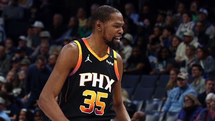 Mar 10, 2025; Memphis, Tennessee, USA; Phoenix Suns forward Kevin Durant (35) reacts during the first quarter against the Memphis Grizzlies at FedExForum. Mandatory Credit: Petre Thomas-Imagn Images