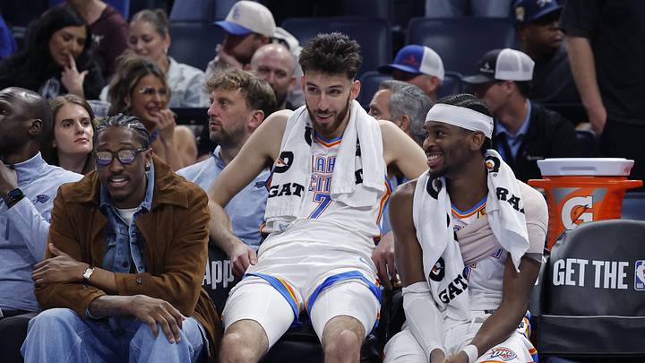 Nov 12, 2025; Oklahoma City, Oklahoma, USA; Oklahoma City Thunder guard Jalen Williams (8), center Chet Holmgren (7), and guard Shai Gilgeous-Alexander (2) talk while sitting on the bench during the fourth quarter against the Los Angeles Lakers at Paycom Center. Mandatory Credit: Alonzo Adams-Imagn Images Nov 12, 2025; Oklahoma City, Oklahoma, USA; Oklahoma City Thunder guard Jalen Williams (8), center Chet Holmgren (7), and guard Shai Gilgeous-Alexander (2) talk while sitting on the bench during the fourth quarter against the Los Angeles Lakers at Paycom Center. Mandatory Credit: Alonzo Adams-Imagn Images