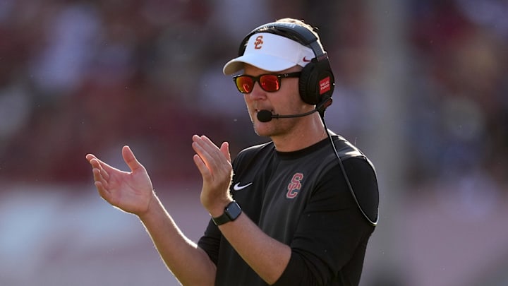 Aug 30, 2025; Los Angeles, California, USA; Southern California Trojans head coach Lincoln Riley watches from the sidelines against the Missouri State Bears in the first half at United Airlines Field at Los Angeles Memorial Coliseum. Mandatory Credit: Kirby Lee-Imagn Images Aug 30, 2025; Los Angeles, California, USA; Southern California Trojans head coach Lincoln Riley watches from the sidelines against the Missouri State Bears in the first half at United Airlines Field at Los Angeles Memorial Coliseum. Mandatory Credit: Kirby Lee-Imagn Images