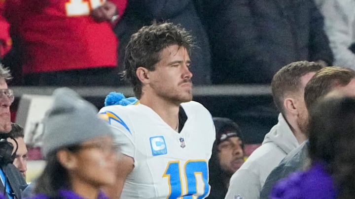 Dec 8, 2024; Kansas City, Missouri, USA; Los Angeles Chargers quarterback Justin Herbert (10) on the sidelines against the Kansas City Chiefs during the national anthem prior to a game at GEHA Field at Arrowhead Stadium. Mandatory Credit: Denny Medley-Imagn Images Dec 8, 2024; Kansas City, Missouri, USA; Los Angeles Chargers quarterback Justin Herbert (10) on the sidelines against the Kansas City Chiefs during the national anthem prior to a game at GEHA Field at Arrowhead Stadium. Mandatory Credit: Denny Medley-Imagn Images