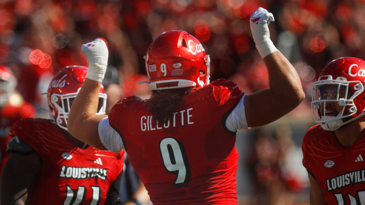 Louisville's Ashton Gillotte celebrates getting a sack against Boston College Saturday afternoon in L&N Stadium.