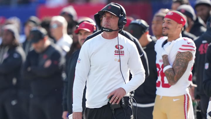Nov 2, 2025; East Rutherford, New Jersey, USA; San Francisco 49ers head coach Kyle Shanahan looks on from the sidelines against the New York Giants during the first half at MetLife Stadium. Mandatory Credit: Robert Deutsch-Imagn Images