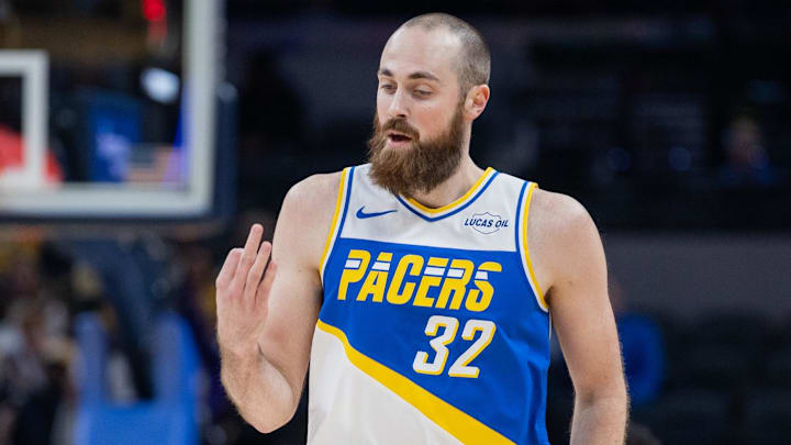 Indiana Pacers center Jay Huff (32) reacts after making a basket against the Chicago Bulls during the first half at Gainbridge Fieldhouse. Indiana Pacers center Jay Huff (32) reacts after making a basket against the Chicago Bulls during the first half at Gainbridge Fieldhouse.