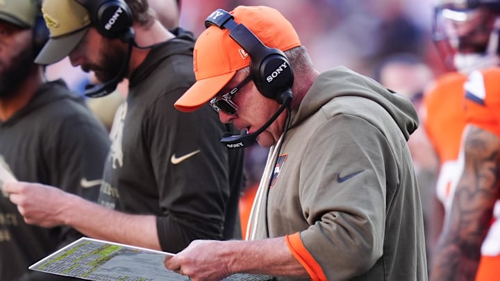 Nov 16, 2025; Denver, Colorado, USA;  Denver Broncos head coach Sean Payton on the sidelines during the first quarter of the game against the Kansas City Chiefs at Empower Field at Mile High. 