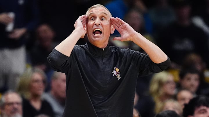 Feb 7, 2026; Boulder, Colorado, USA; Arizona State Sun Devils head coach Bobby Hurley calls out in the second half against the Colorado Buffaloes at the CU Events Center. Mandatory Credit: Ron Chenoy-Imagn Images