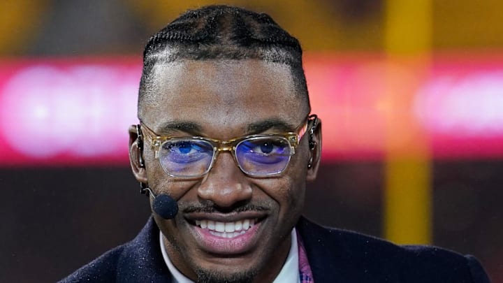 NFL commentator Robert Griffin III sits at the broadcast desk prior to a game between the Chiefs and Eagles NFL commentator Robert Griffin III sits at the broadcast desk prior to a game between the Chiefs and Eagles