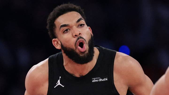 May 21, 2026; New York, New York, USA; New York Knicks center Karl-Anthony Towns (32) reacts as Cleveland Cavaliers guard Max Strus (2) runs up the court during the second quarter of game two of the eastern conference finals of the 2026 NBA playoffs at Madison Square Garden. Mandatory Credit: Vincent Carchietta-Imagn Images May 21, 2026; New York, New York, USA; New York Knicks center Karl-Anthony Towns (32) reacts as Cleveland Cavaliers guard Max Strus (2) runs up the court during the second quarter of game two of the eastern conference finals of the 2026 NBA playoffs at Madison Square Garden. Mandatory Credit: Vincent Carchietta-Imagn Images
