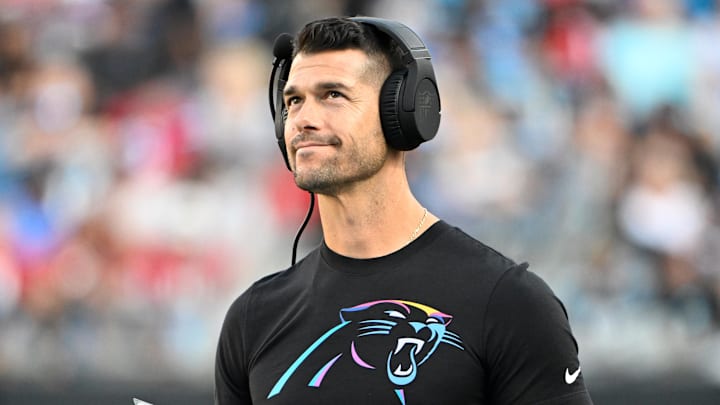 Oct 13, 2024; Charlotte, North Carolina, USA; Carolina Panthers head coach Dave Canales on the sidelines in the second quarter at Bank of America Stadium. Mandatory Credit: Bob Donnan-Imagn Images