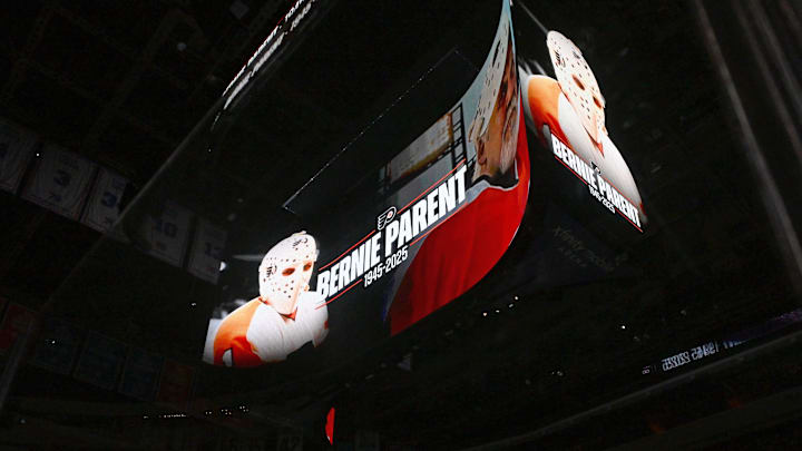 Oct 13, 2025; Philadelphia, Pennsylvania, USA; A moment of silence was held in memory of Philadelphia Flyers and NHL Hall of Fame goalie Bernie Parent before start of game against the Florida Panthers at Wells Fargo Center.