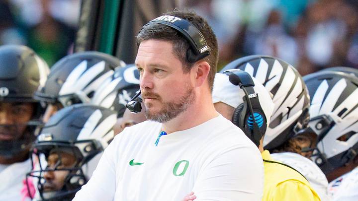 Oregon head coach Dan Lanning watches from the sideline as the Oregon Ducks take on the Texas Tech Red Raiders in the Orange Bowl on Jan. 1, 2026, at Hard Rock Stadium in Miami, Florida. Oregon head coach Dan Lanning watches from the sideline as the Oregon Ducks take on the Texas Tech Red Raiders in the Orange Bowl on Jan. 1, 2026, at Hard Rock Stadium in Miami, Florida.