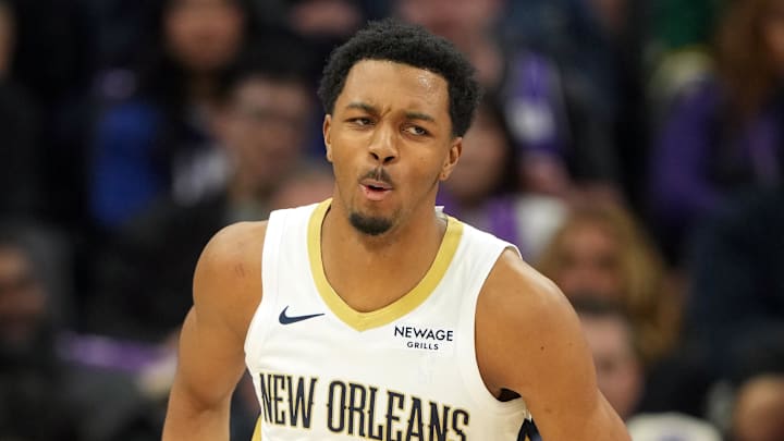 Apr 3, 2026; Sacramento, California, USA; New Orleans Pelicans forward Trey Murphy III (25) reacts after dunking against the Sacramento Kings during the third quarter at Golden 1 Center. Mandatory Credit: Darren Yamashita-Imagn Images