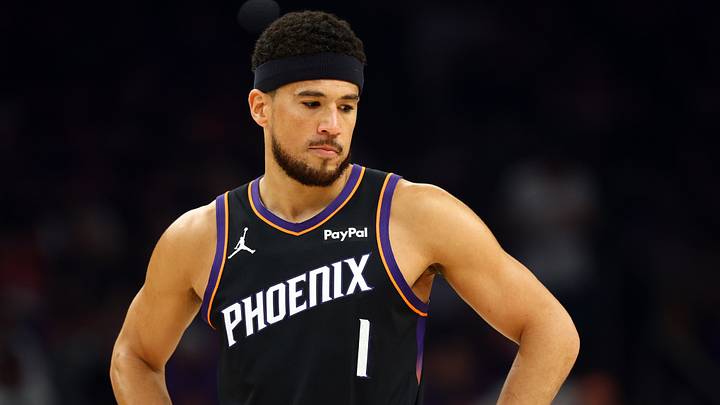 Apr 14, 2026; Phoenix, Arizona, USA; Phoenix Suns guard Devin Booker (1) against the Portland Trail Blazers during the play-in rounds of the 2026 NBA Playoffs at Mortgage Matchup Center. Mandatory Credit: Mark J. Rebilas-Imagn Images Apr 14, 2026; Phoenix, Arizona, USA; Phoenix Suns guard Devin Booker (1) against the Portland Trail Blazers during the play-in rounds of the 2026 NBA Playoffs at Mortgage Matchup Center. Mandatory Credit: Mark J. Rebilas-Imagn Images