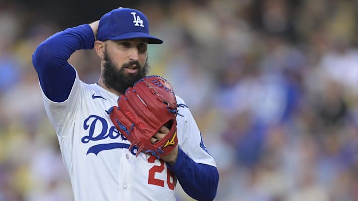 Los Angeles Dodgers pitcher Tony Gonsolin (26) reacts to hitting New York Mets shortstop Francisco Lindor (12) (not pictured) during the first inning at Dodger Stadium on June 4.