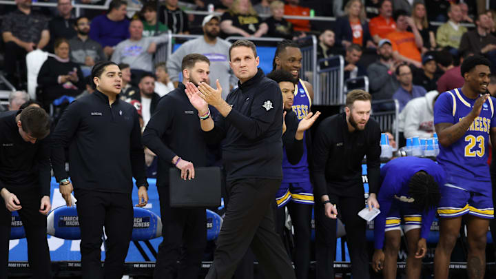 Head coach Will Wade of the McNeese State Cowboys celebrates against the Clemson Tigers during the second half in the first round of the NCAA Men's Basketball Tournament at Amica Mutual Pavillion on March 20, 2025 in Providence, Rhode Island. Head coach Will Wade of the McNeese State Cowboys celebrates against the Clemson Tigers during the second half in the first round of the NCAA Men's Basketball Tournament at Amica Mutual Pavillion on March 20, 2025 in Providence, Rhode Island.