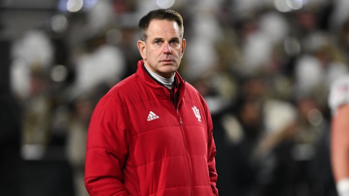 Nov 28, 2025; West Lafayette, Indiana, USA; Indiana Hoosiers head coach Curt Cignetti looks on before the game against the Purdue Boilermakers at Ross-Ade Stadium. Mandatory Credit: Marc Lebryk-Imagn Images