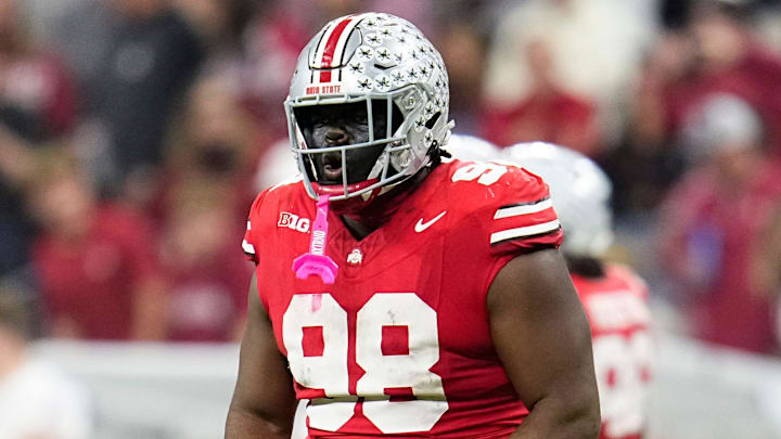 Ohio State Buckeyes defensive tackle Kayden McDonald (98) celebrates during the first half of the Big Ten Conference championship game against the Indiana Hoosiers at Lucas Oil Stadium in Indianapolis on Dec. 6, 2025.