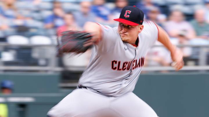 Sep 27, 2026; Kansas City, Missouri, USA;  Cleveland Guardians pitcher Parker Messick (77) pitches during the first inning against the Kansas City Royals at Kauffman Stadium.  Mandatory Credit: William Purnell-Imagn Images