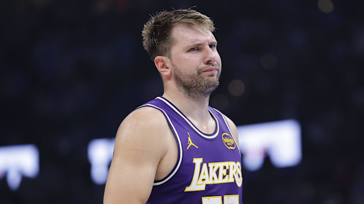 Nov 12, 2025; Oklahoma City, Oklahoma, USA; Los Angeles Lakers guard Luka Doncic reacts to a fan during the second quarter of a game against the Oklahoma City Thunder at Paycom Center. Mandatory Credit: Alonzo Adams-Imagn Images Nov 12, 2025; Oklahoma City, Oklahoma, USA; Los Angeles Lakers guard Luka Doncic reacts to a fan during the second quarter of a game against the Oklahoma City Thunder at Paycom Center. Mandatory Credit: Alonzo Adams-Imagn Images