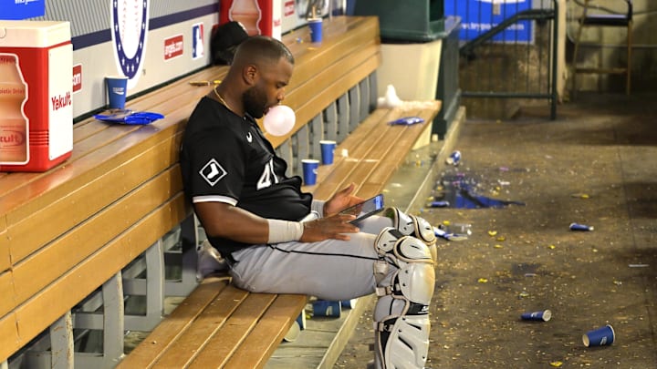 Players such as former White Sox catcher Chuckie Robinson, pictured here last September, can review their at-bats via iPad before, during and after games.