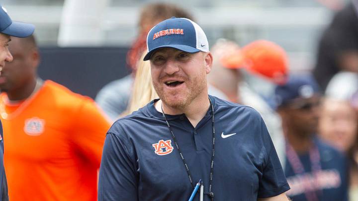Auburn Tigers defensive coordinator D.J. Durkin and head coach Alex Golesh talk during warm ups before Auburn Tigers A-Day spring game at Jordan-Hare Stadium in Auburn, Ala. on Saturday, April 18, 2026. Auburn Tigers defensive coordinator D.J. Durkin and head coach Alex Golesh talk during warm ups before Auburn Tigers A-Day spring game at Jordan-Hare Stadium in Auburn, Ala. on Saturday, April 18, 2026.